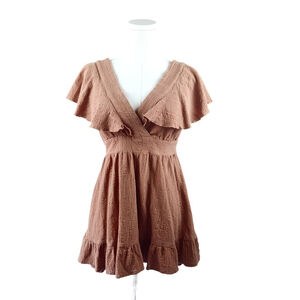 Showpo Terracotta Brown Ruffle Mini Dress AU 10 US 6 Cotton Tie Back Deep V Neck